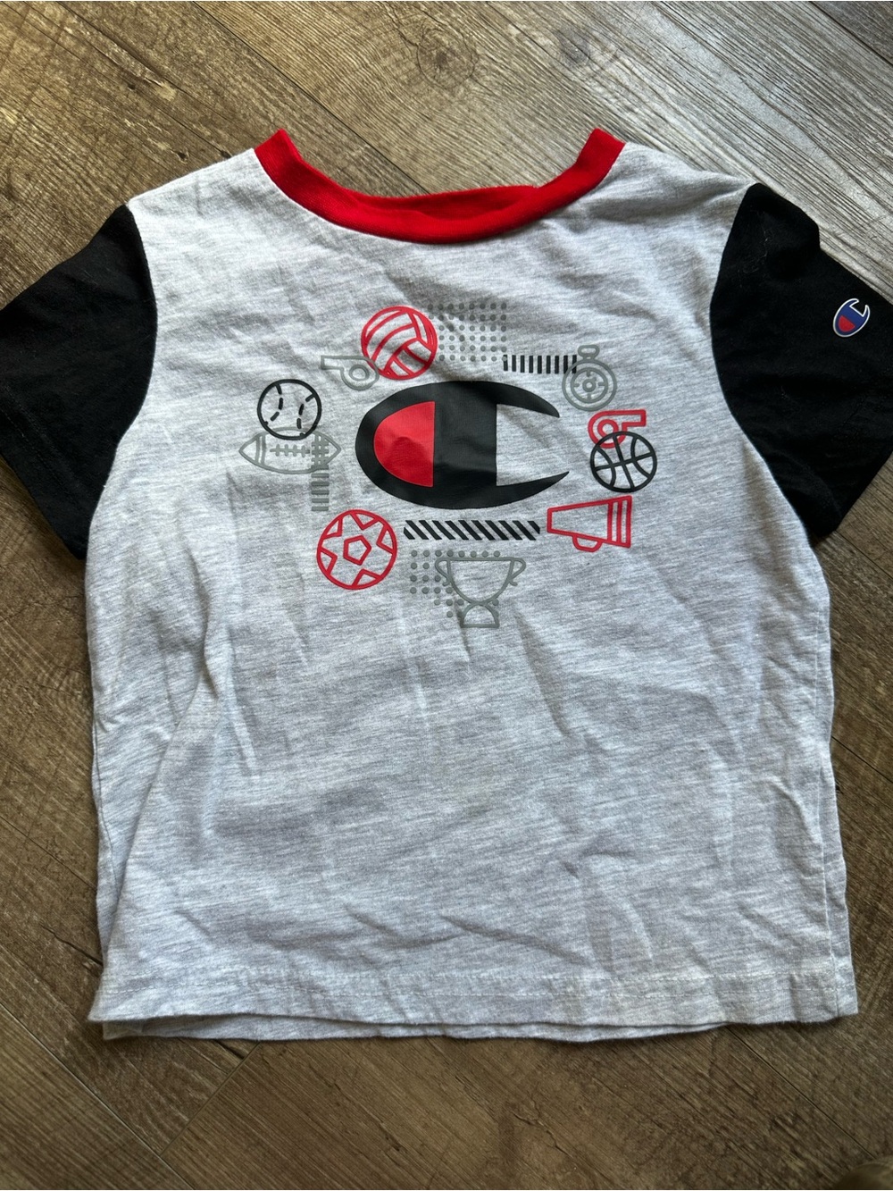 Champion Kids' Gray Tee with Black Sleeves and Red Accents